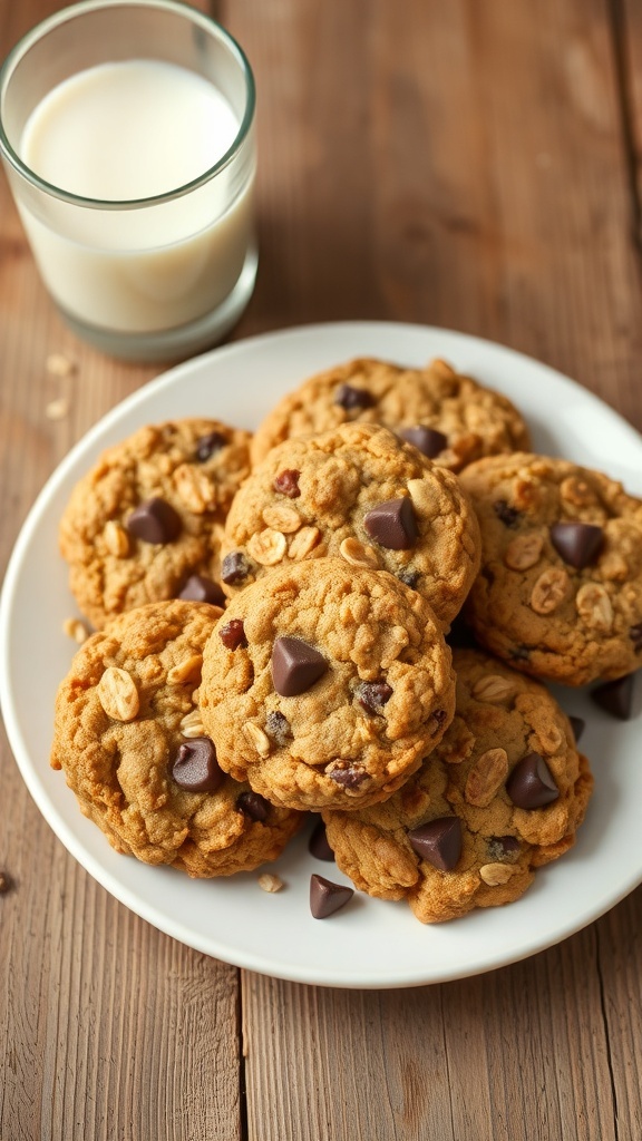 A plate of chewy oatmeal cookies with chocolate chips on a wooden table next to a glass of milk.